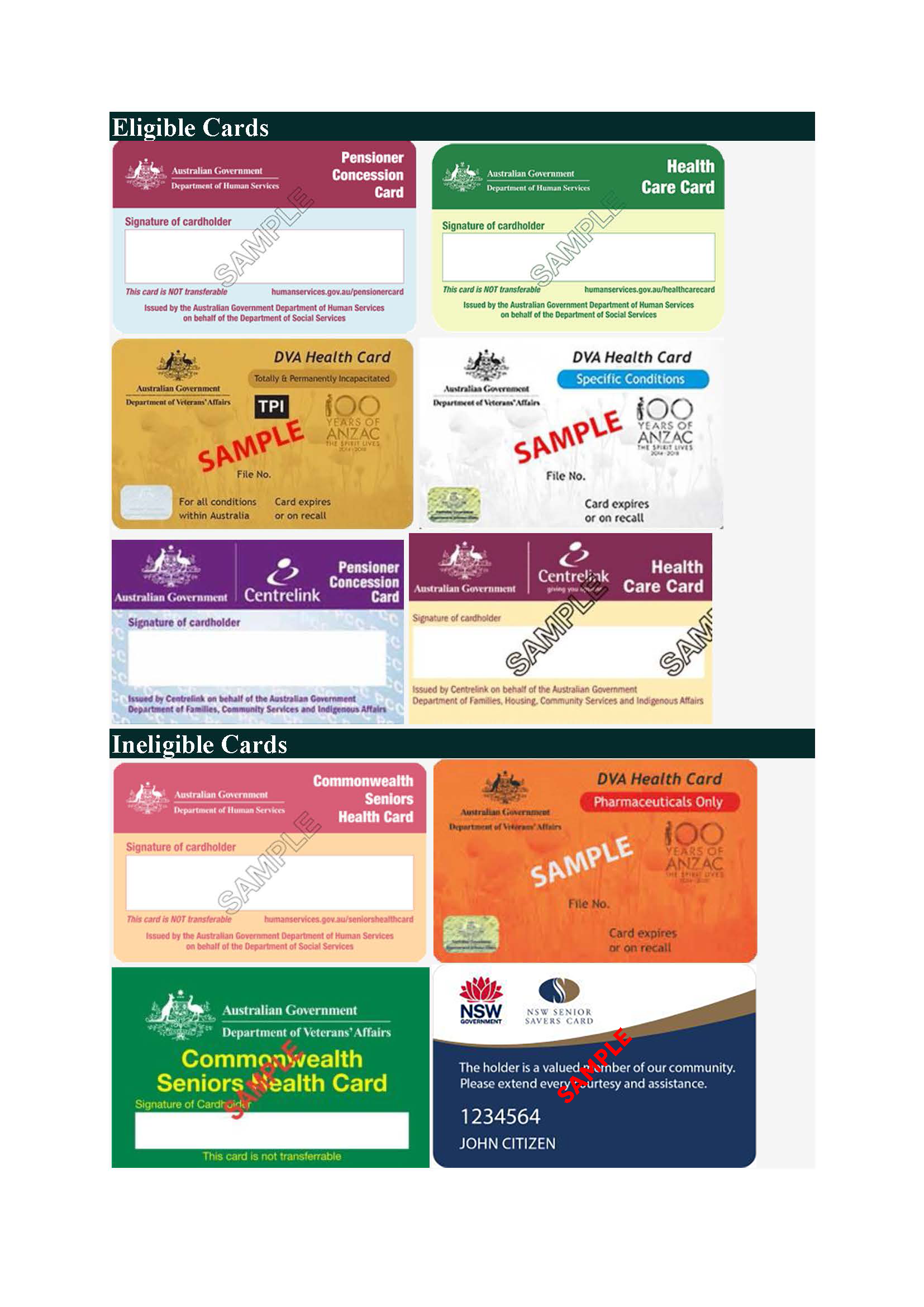 Eligible cards: Pensioner Concession card, Health Care Card, DVA Health Card Ineligible cards: Commonwealth Seniors Health Card, DVA Health Card (Pharmaceuticals only), NSW Seniors Card